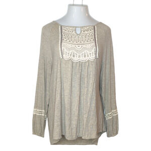 ONE WORLD Cream Grey Boho Knit Top Crochet Detail Women's Plus 2x